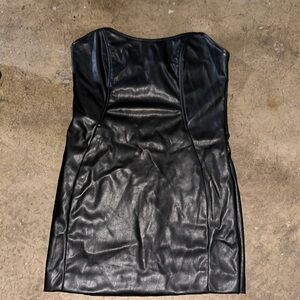 Black leather dress . Strapless